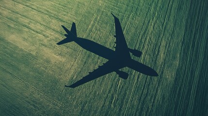 Airplane flying over a verdant landscape showcasing its shadow on the ground during a clear day