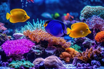 Colorful tropical fish swimming near coral reef in aquarium