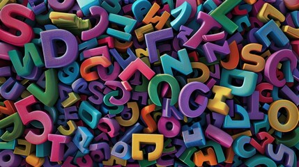 A colorful assortment of plastic letters and numbers scattered together.