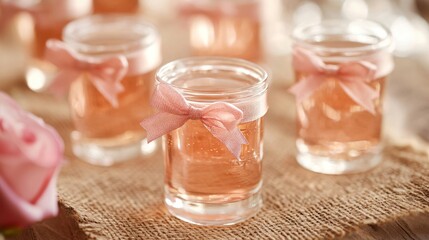 Jello shots in small mason jars, with tiny bows tied around them, placed on a burlap runner
