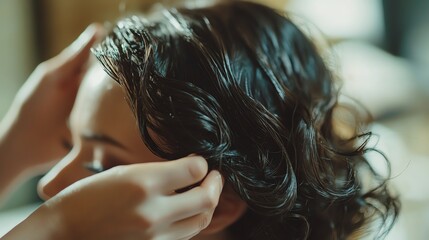 Naklejka premium A woman has her hair styled by a hairstylist.