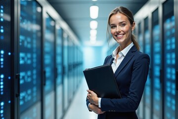 Fototapeta premium Mujer profesional sonriente con carpeta en un centro de datos tecnológico, representando innovación y liderazgo en el sector de la informática. 