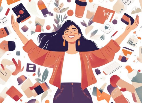 A woman is surrounded by many books, a cup, and other items. She is smiling and she is happy. Concept of joy and contentment, as the woman is surrounded by her favorite things
