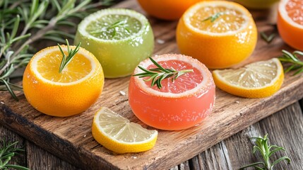 Jello shots served in hollowed-out citrus fruits, placed on a rustic cutting board with sprigs of rosemary