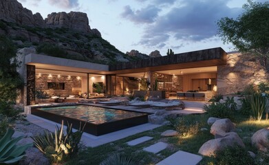 Obraz premium Modern desert house with pool at dusk.