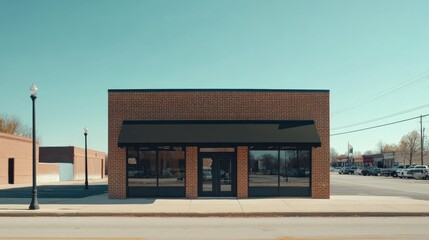 A brick building with a black awning and a window on the front. The building is empty and there are no people in the image. Empty space for logo or text, mockup