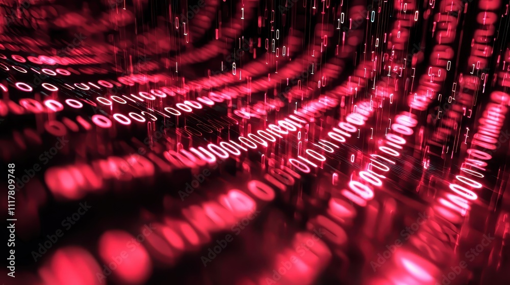 Poster flowing streams of light infused with binary patterns in a dynamic digital environment