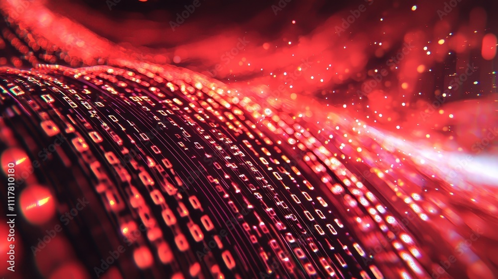 Poster flowing streams of light infused with binary patterns in vibrant red and black tones