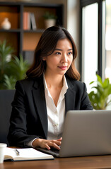 an Asian woman with loose brown hair and a black jacket and white blouse works on a laptop