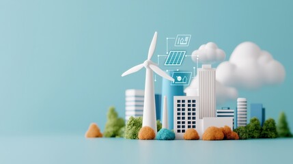 A miniature cityscape featuring renewable energy elements like a wind turbine and solar panels against a bright blue background.