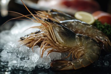 A large shrimp sits on top of ice accompanied by broccoli, great for food or still life compositions