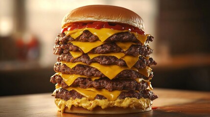 A colossal burger stands proudly on a wooden surface, showcasing multiple layers of thick beef patties and gooey melted cheese. Bright red ketchup drips down the sides, adding a pop of color