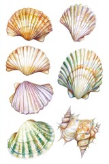 Collection of seashells on a white background, perfect for interior design or beach-themed projects