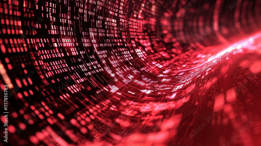 Poster flowing streams of light infused with binary patterns in bright red and black tones