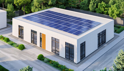 Energy infrastructure development at a renewable power site, Modern building with solar panels surrounded by greenery, showcasing eco-friendly design and sustainable living principles.