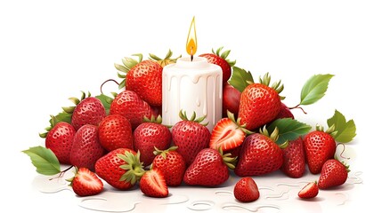 A lit white candle surrounded by fresh, ripe strawberries on a white background.