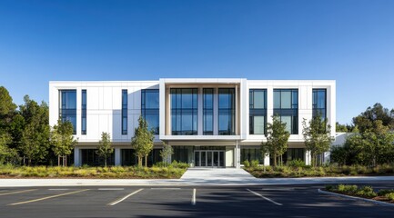 A large white building with a lot of windows and a green tree in front of it. The building is empty and the parking lot is full