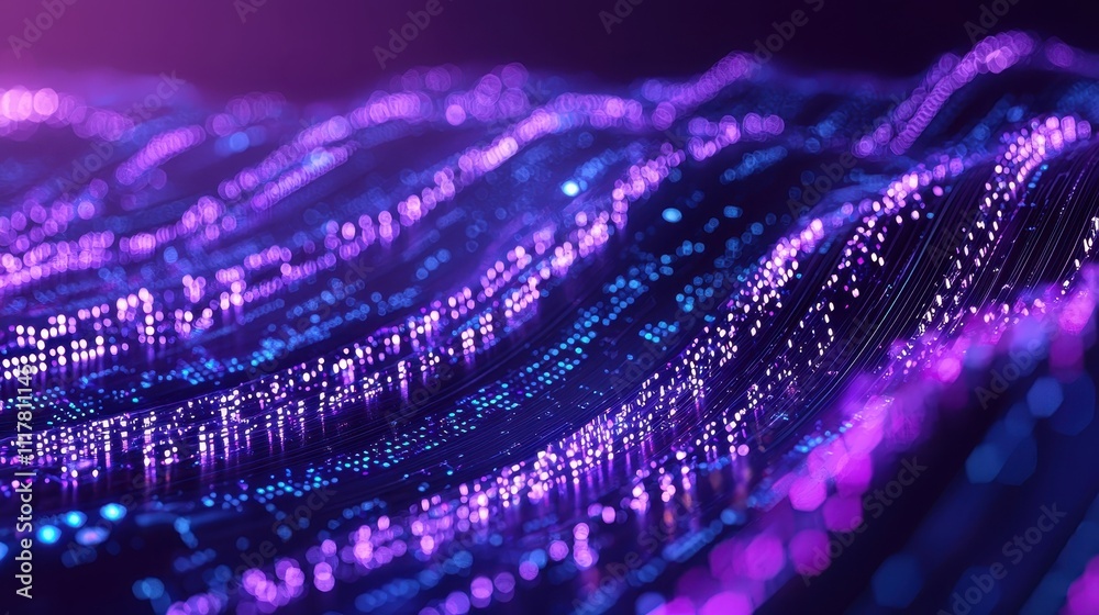 Poster flowing streams of light infused with binary patterns in vibrant colors and styles