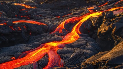 Flowing Lava on Volcanic Landscape with Red and Black Textures