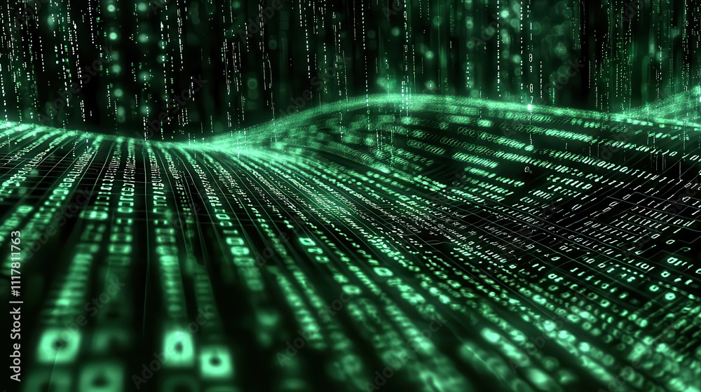 Poster flowing streams of light infused with binary patterns in a digital landscape