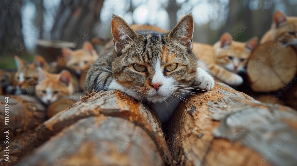 Poster A domestic cat resting on a pile of logs in a rustic setting