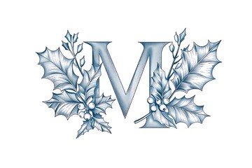 Elegant silver letter M monogram with holly leaves and berries.