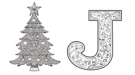 Obraz premium Christmas tree and decorative letter J illustration.