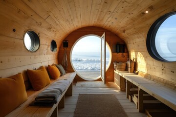 Obraz premium Cozy wooden sauna interior overlooking inspiring ocean view