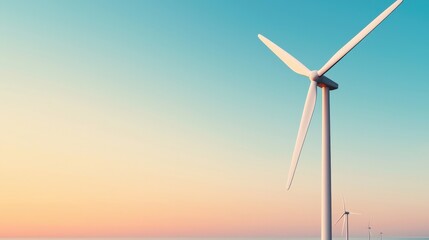 Obraz premium A serene landscape featuring a wind turbine against a colorful sunset, symbolizing renewable energy and sustainability.