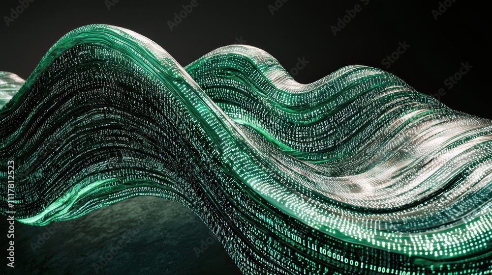 Poster flowing streams of light infused with binary patterns creating dynamic visual effects