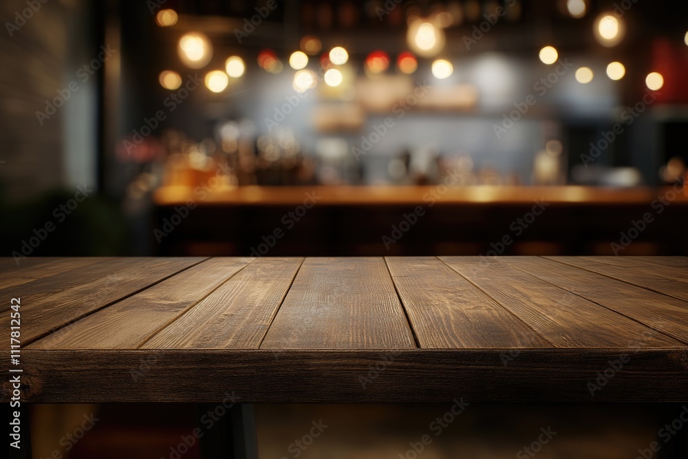 Poster a wooden table with a blurry bar in the background