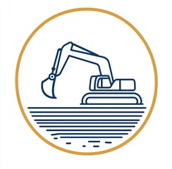 Obraz premium A blue and yellow circle with a large excavator in the center. The excavator is surrounded by a blue and yellow border