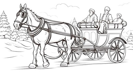 Horse-drawn carriage with three passengers traveling through a snowy winter landscape.