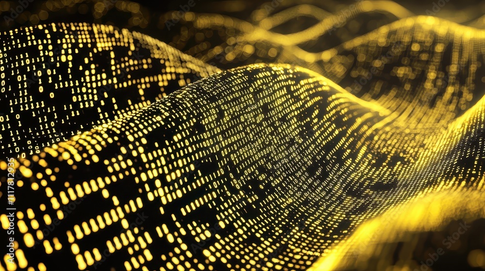 Poster flowing streams of light infused with binary patterns in dynamic visual display