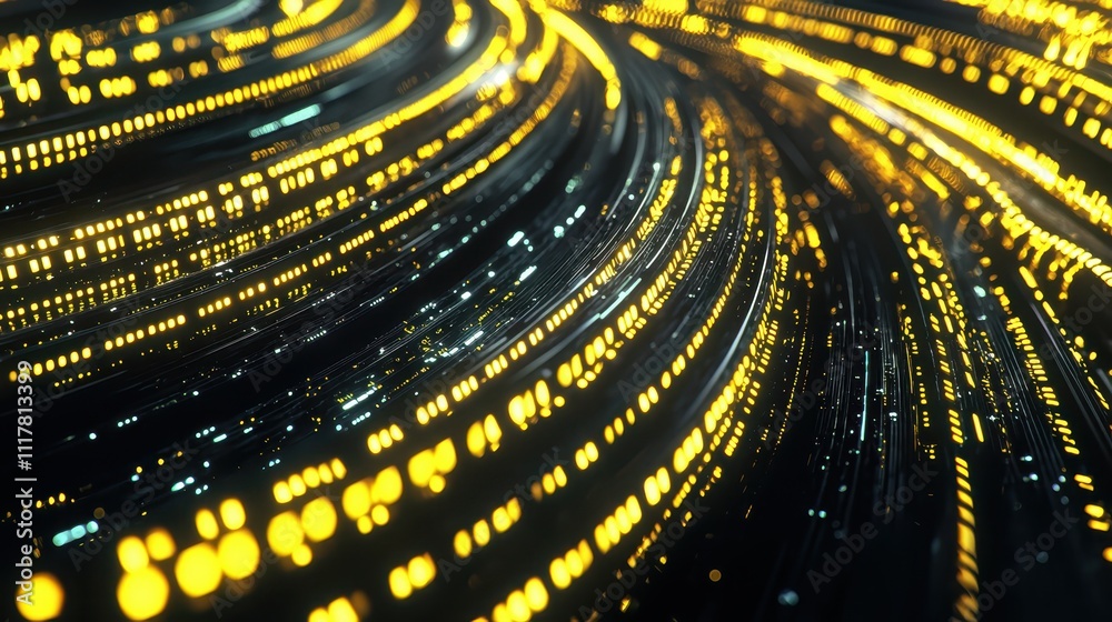 Poster flowing streams of light infused with binary patterns in vibrant colors and textures