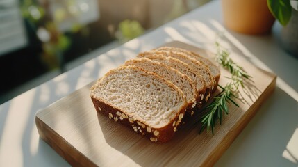 Freshly sliced multigrain bread topped with oat flakes, accompanied by rosemary sprigs on a wooden board, in soft morning light.