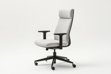 Fototapeta premium A black and white office chair with a grey headrest. The chair is sitting on a white background