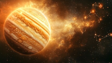 Expansive view of Jupiter with astrological symbols depicting celestial connections in the universe