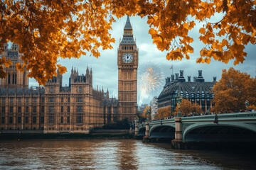 Big ben and houses of parliament with fireworks displaying over westminster bridge in autumn