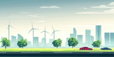 A city with a car driving down a road next to a wind farm. The car is red and the wind farm is in the background