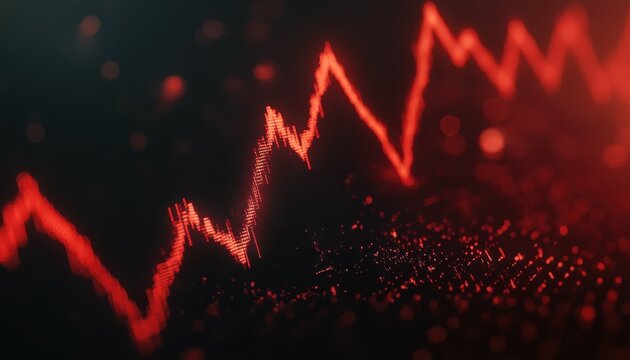 A red line graph with a black background. The graph is a representation of a stock market