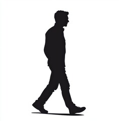 A man is walking on a sidewalk. He is wearing a jacket and jeans. The image is in black and white
