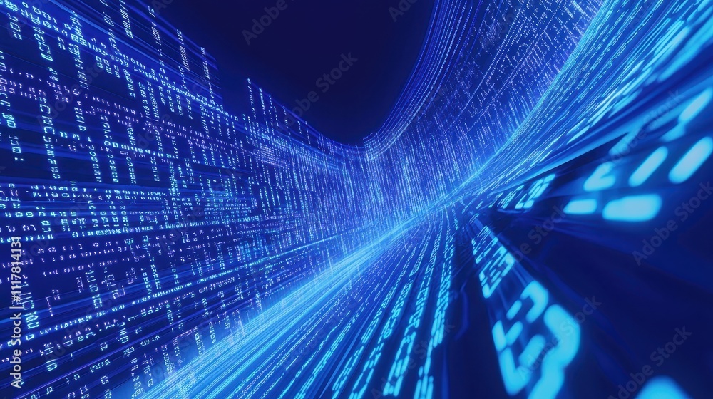Poster dynamic flowing streams of light with binary patterns in a futuristic digital landscape