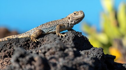 Fototapeta premium A lizard sits on top of a rock, looking around