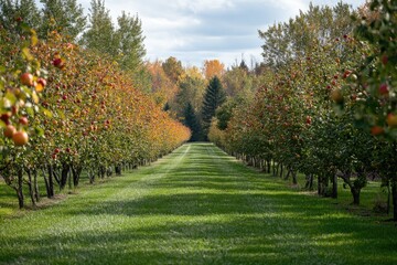 Naklejka premium Apple orchard growing apples in autumn, showing green grass and colorful trees