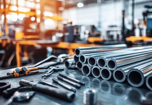 A bunch of metal pipes are on a table in a workshop. The pipes are of different sizes and shapes, and there are various tools scattered around them. Concept of industriousness and craftsmanship