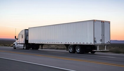 A semi truck is driving down a road with a sunset in the background. The truck is long and white, and it is moving quickly. Empty space for logo or text, mockup