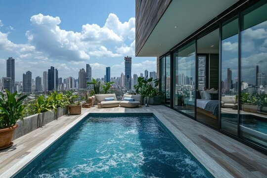 Luxurious rooftop pool overlooking panama city skyline