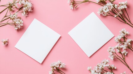 Obraz premium Two white squares sit on a pink background with pink flowers. The pink background and flowers create a soft and delicate atmosphere. Empty space for logo or text, mockup