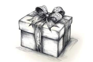Hand-drawn illustration of a gift box with a large bow.